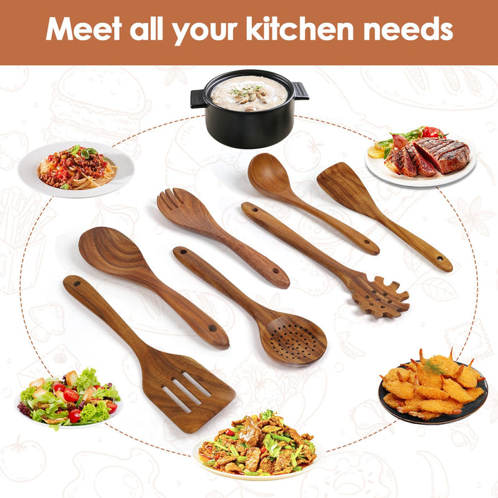 comfoyar Teak Wooden Spoons for Cooking, 7 Pieces Kitchen Cooking Utensils Set with Spatula and Ladle, Heat Resistant Kitchen Cookware for Nonstick Pan