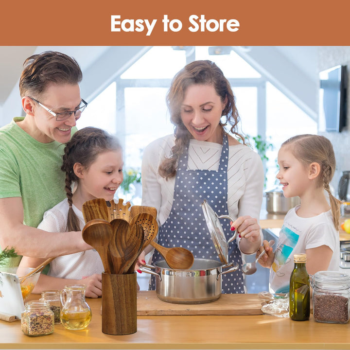 comfoyar Teak Wooden Spoons for Cooking, 7 Pieces Kitchen Cooking Utensils Set with Spatula and Ladle, Heat Resistant Kitchen Cookware for Nonstick Pan